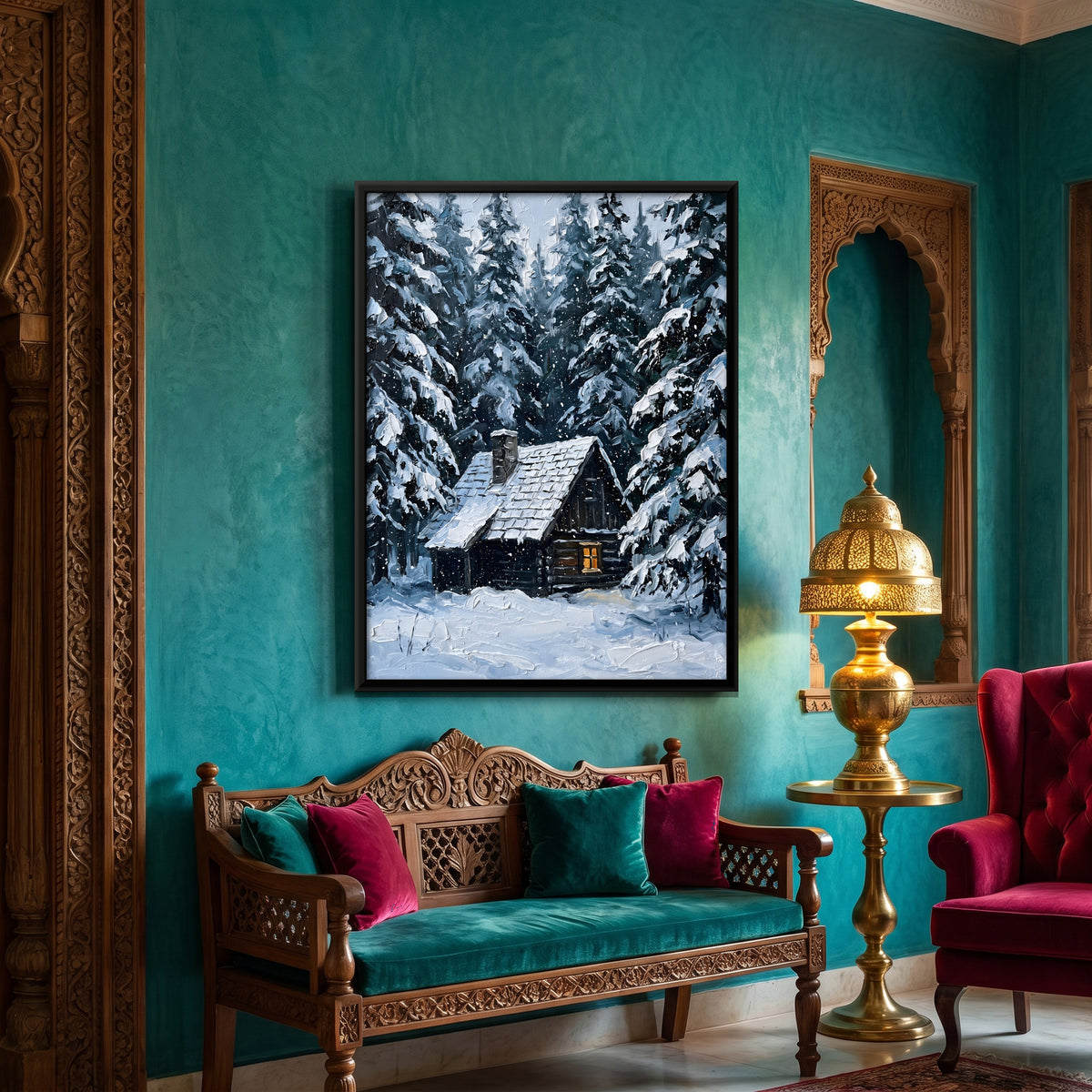 Cabin in Snowy Woods - canvas art shown in a styled room
