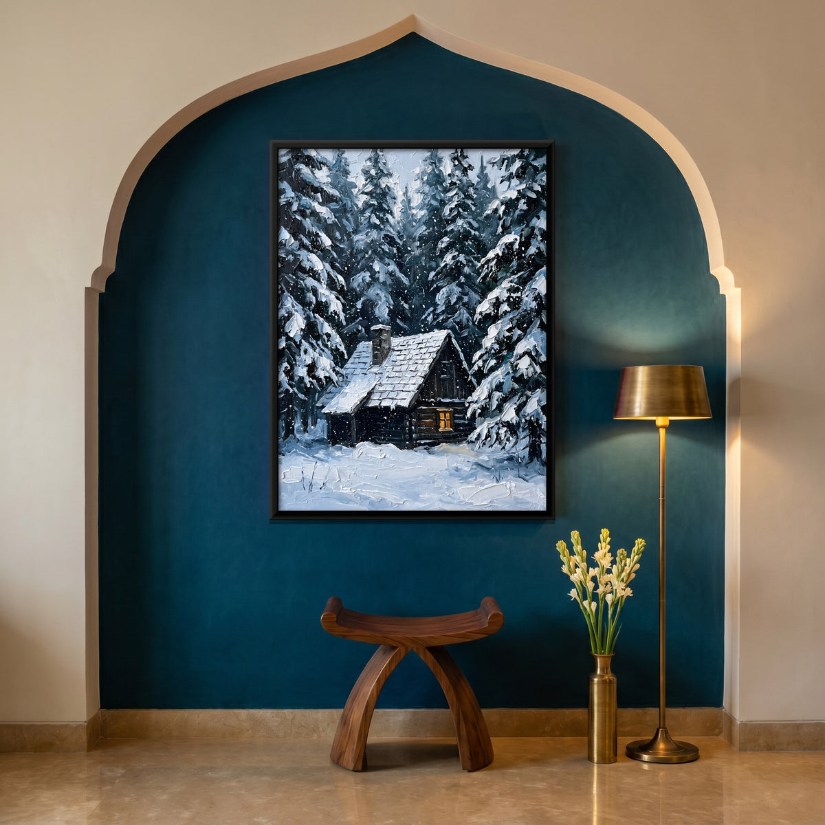 Cabin in Snowy Woods - canvas art shown in a second room setting