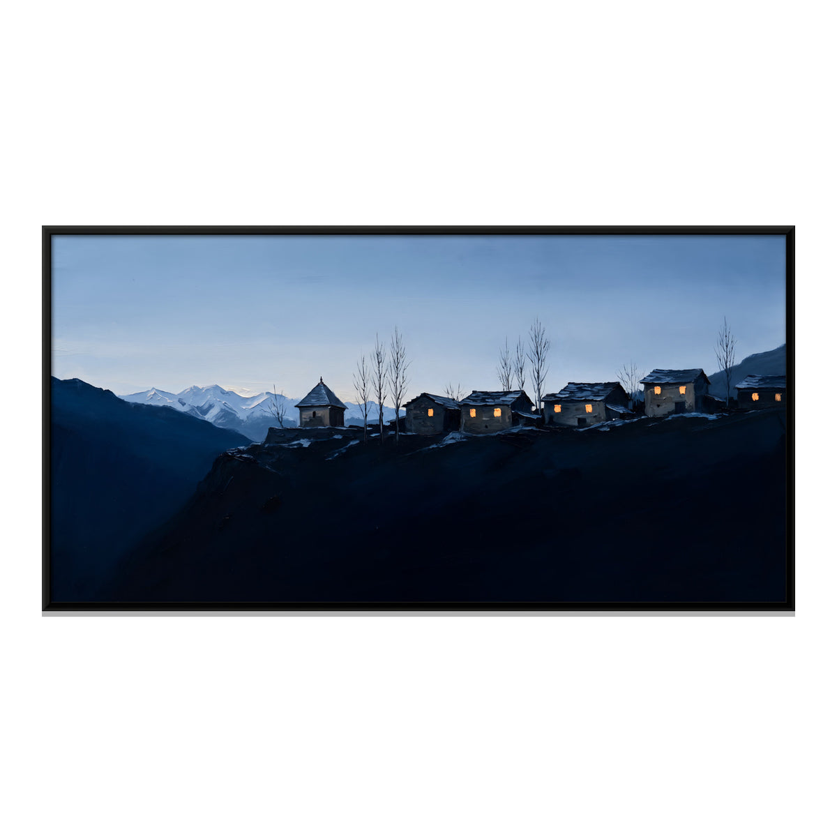 Himalayan Village at Dusk - framed canvas print, front view