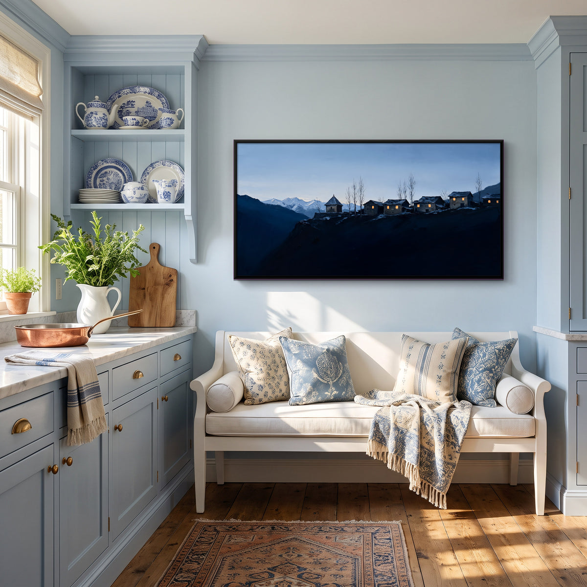 Himalayan Village at Dusk - canvas art shown in a second room setting