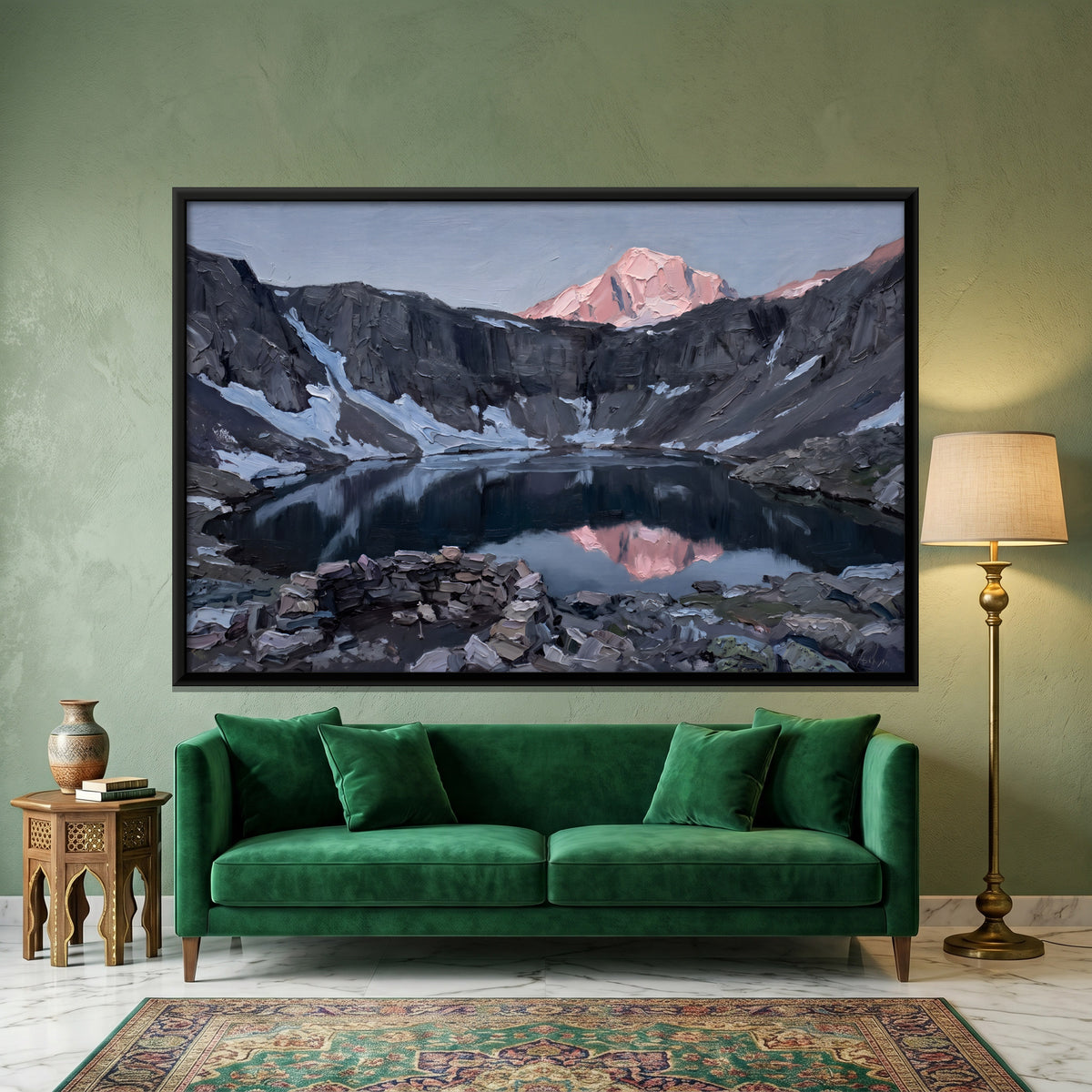 Mountain Lake Reflecting a Sunlit Peak - canvas art shown in a styled room