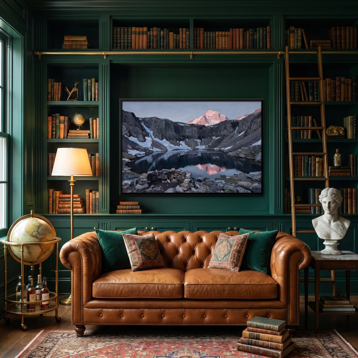 Mountain Lake Reflecting a Sunlit Peak - canvas art shown in a second room setting