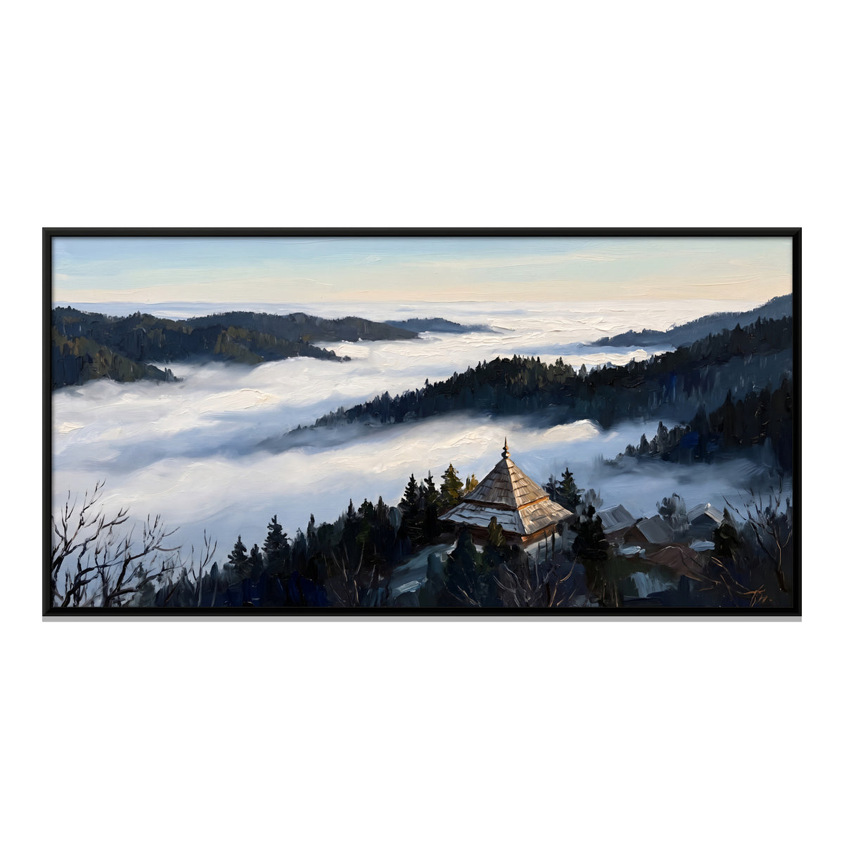 Hill Temple Above the Clouds - framed canvas print, front view