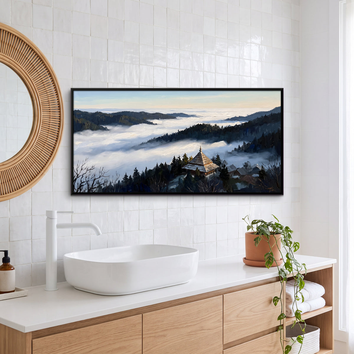 Hill Temple Above the Clouds - canvas art shown in a styled room