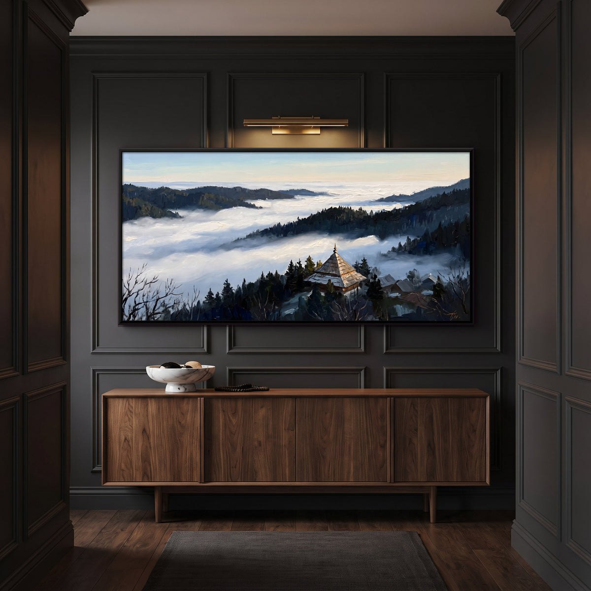 Hill Temple Above the Clouds - canvas art shown in a second room setting