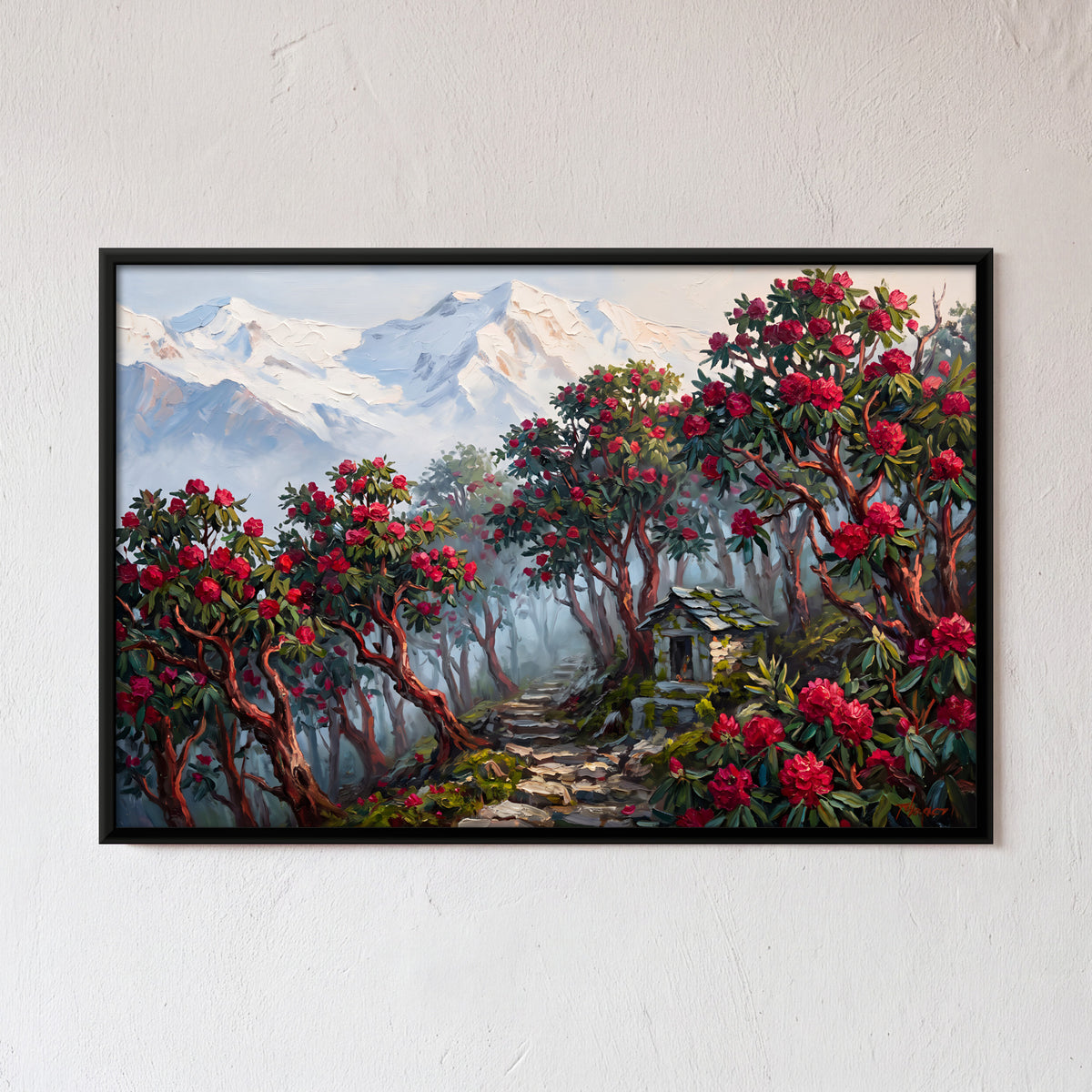 Rhododendrons and Snow Peaks - framed canvas art hung on a wall