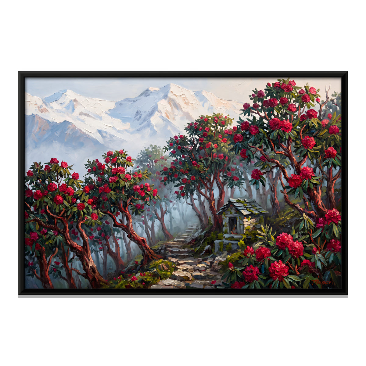 Rhododendrons and Snow Peaks - framed canvas print, front view