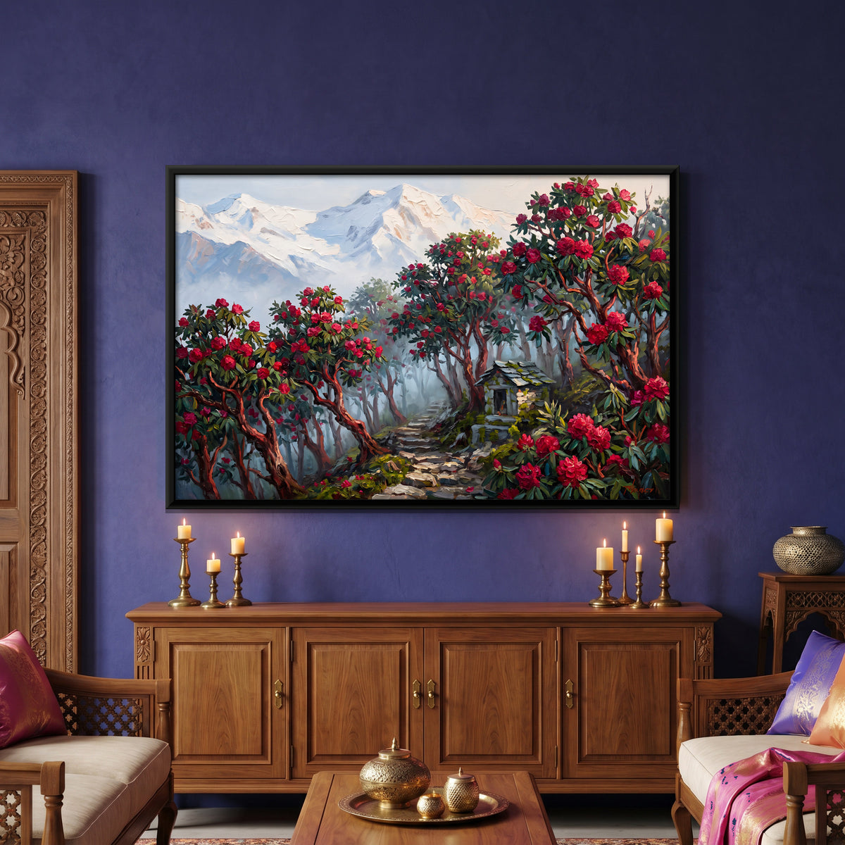 Rhododendrons and Snow Peaks - canvas art shown in a styled room