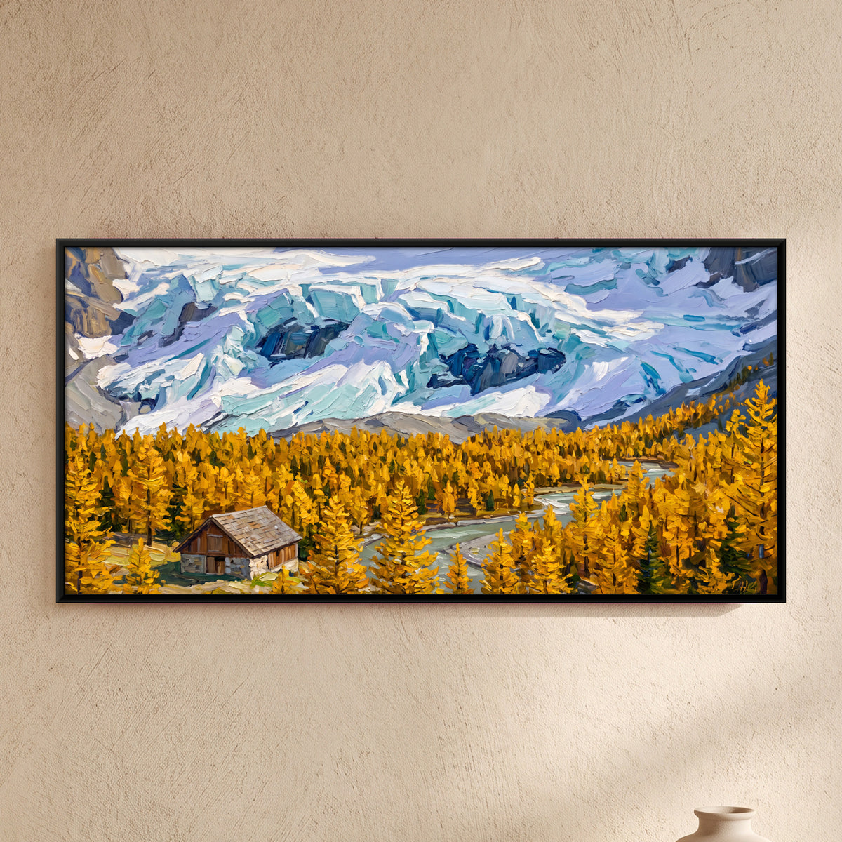 Glacier Above a Larch Valley - framed canvas art hung on a wall