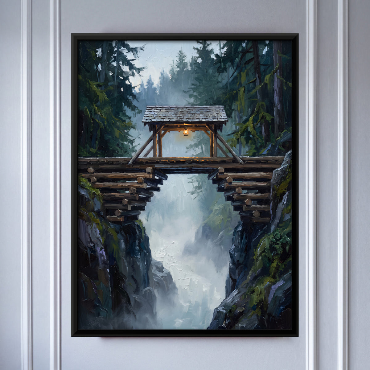 Covered Timber Bridge - framed canvas art hung on a wall