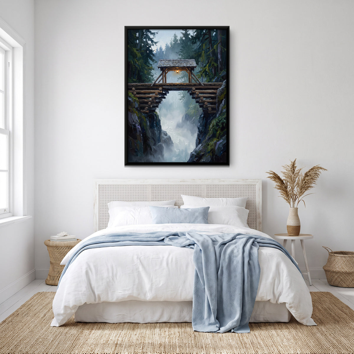 Covered Timber Bridge - canvas art shown in a styled room