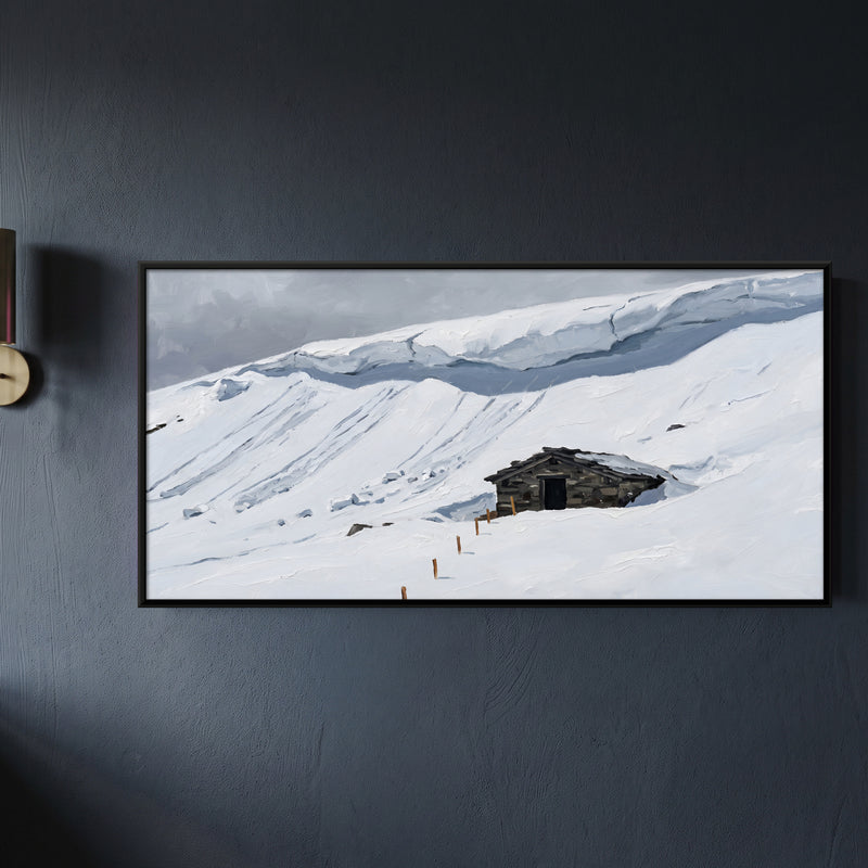 Stone Hut in Deep Snow - framed canvas art hung on a wall