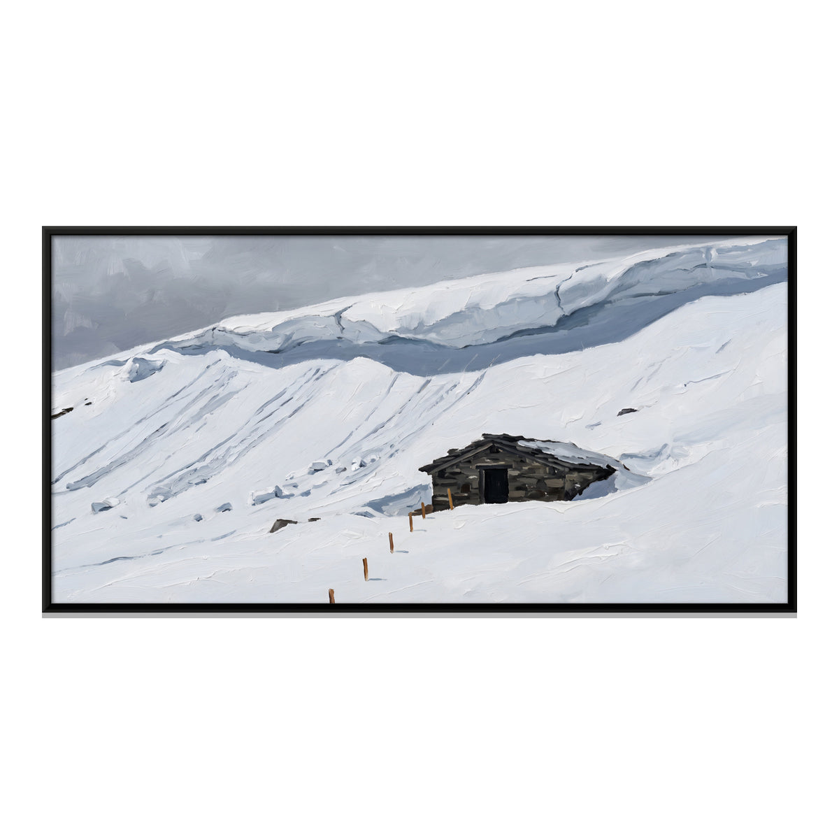 Stone Hut in Deep Snow - framed canvas print, front view