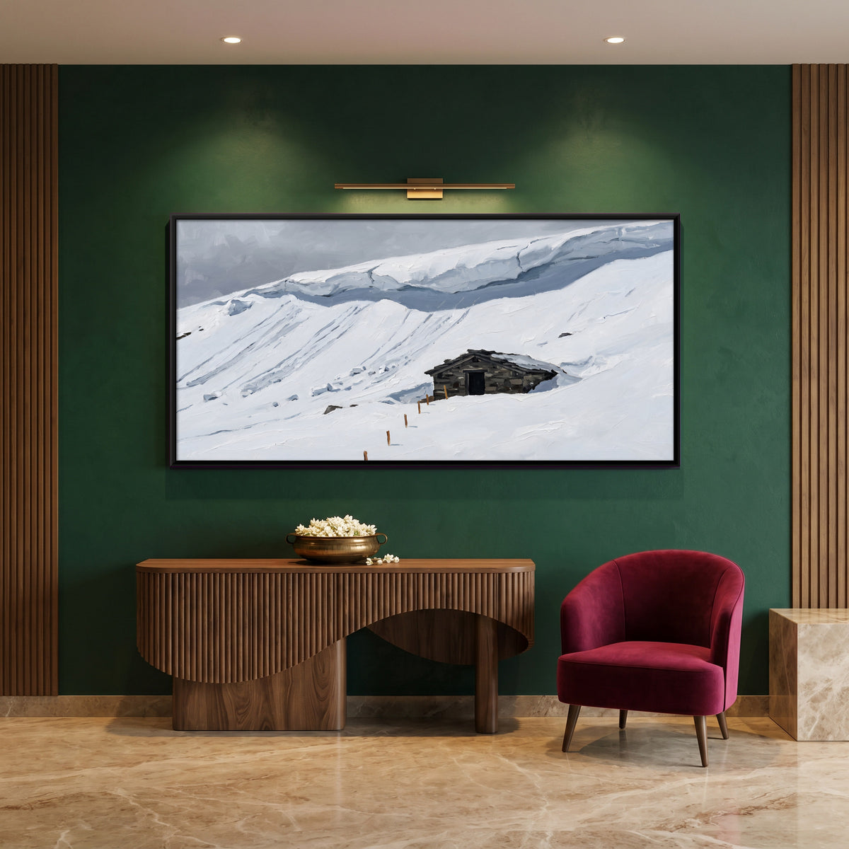 Stone Hut in Deep Snow - canvas art shown in a styled room
