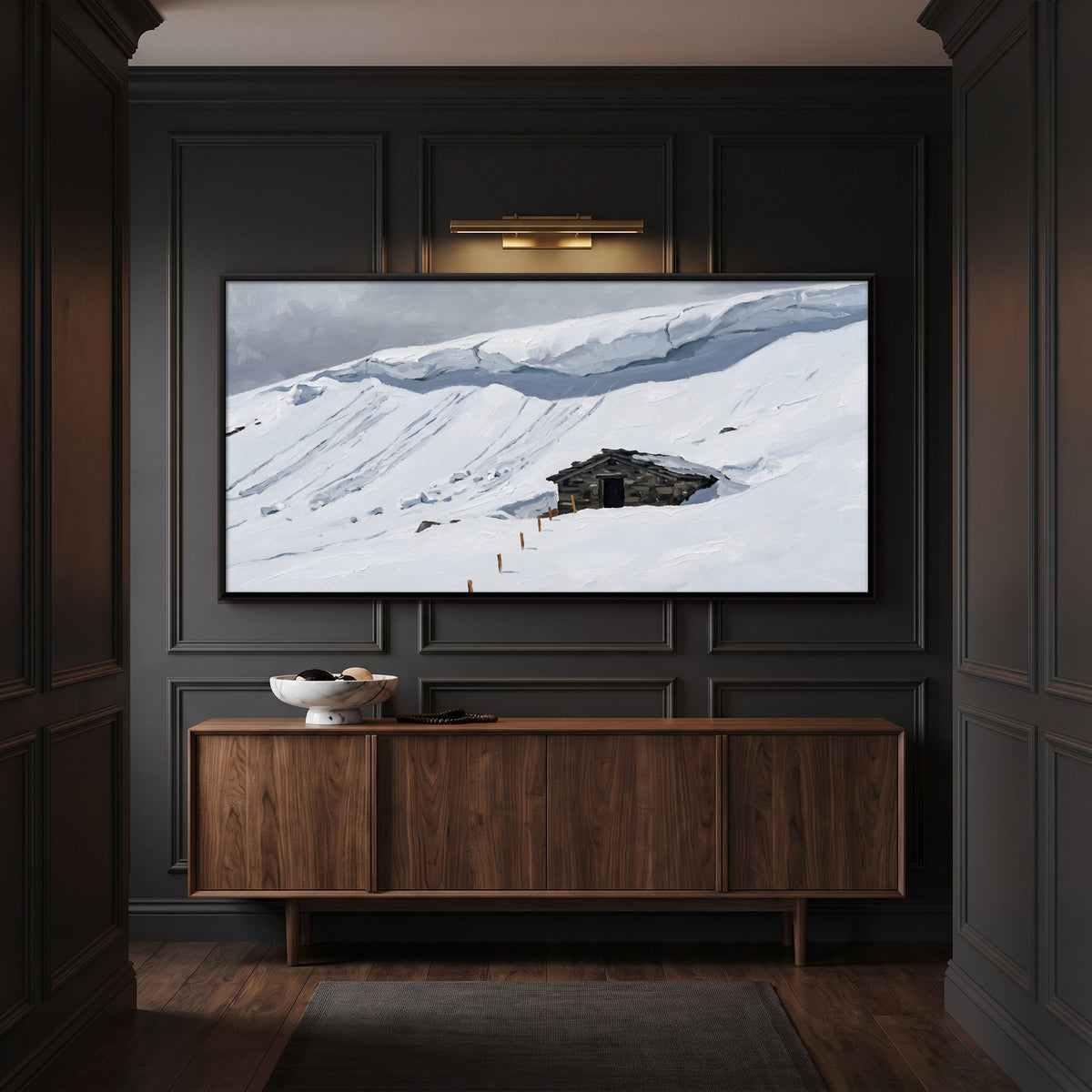 Stone Hut in Deep Snow - canvas art shown in a second room setting