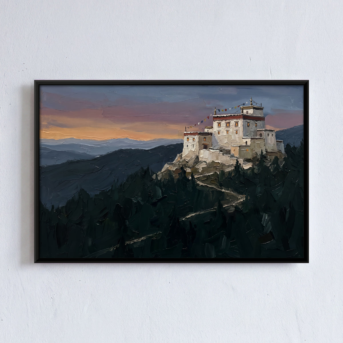 Hilltop Monastery at Dusk - framed canvas art hung on a wall
