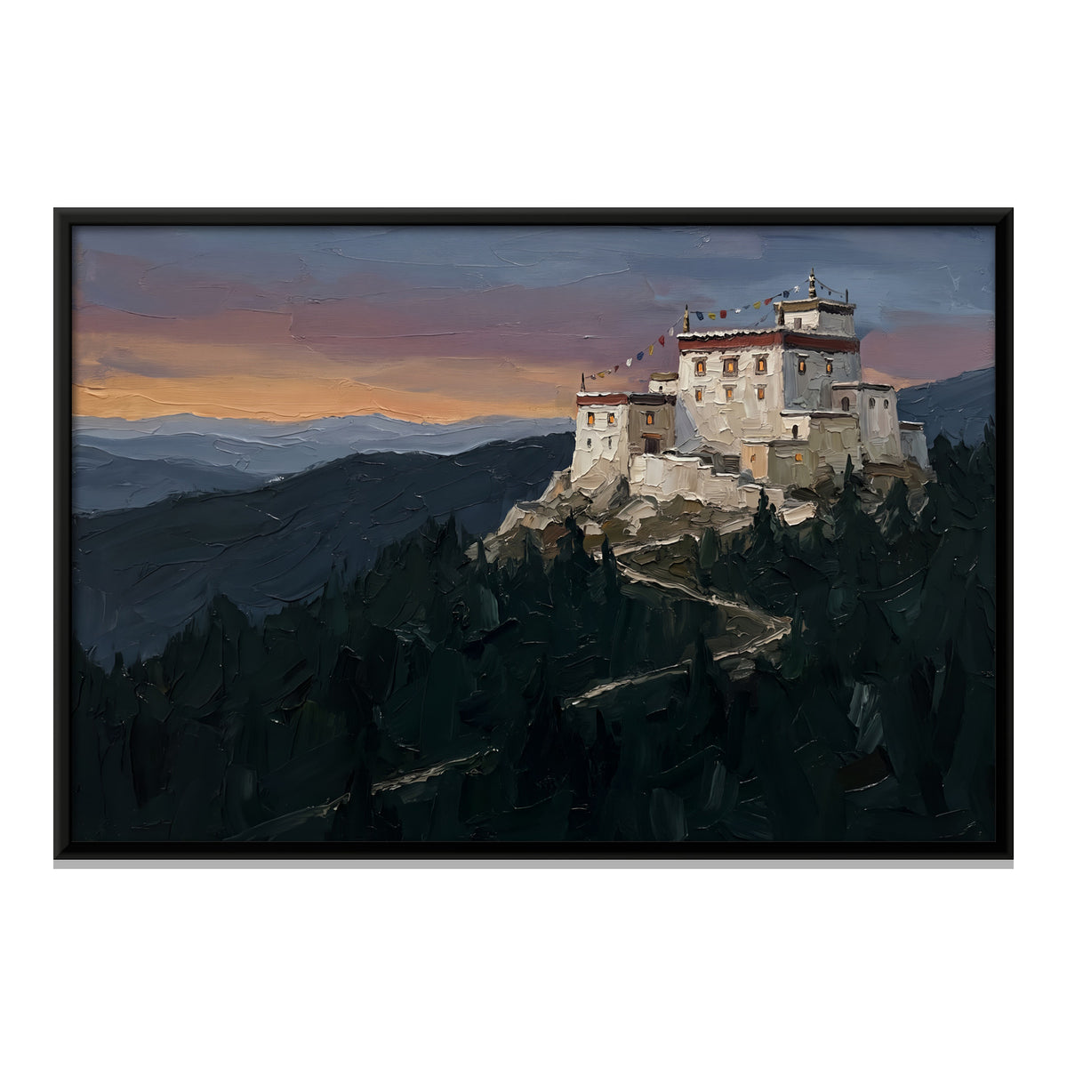 Hilltop Monastery at Dusk - framed canvas print, front view