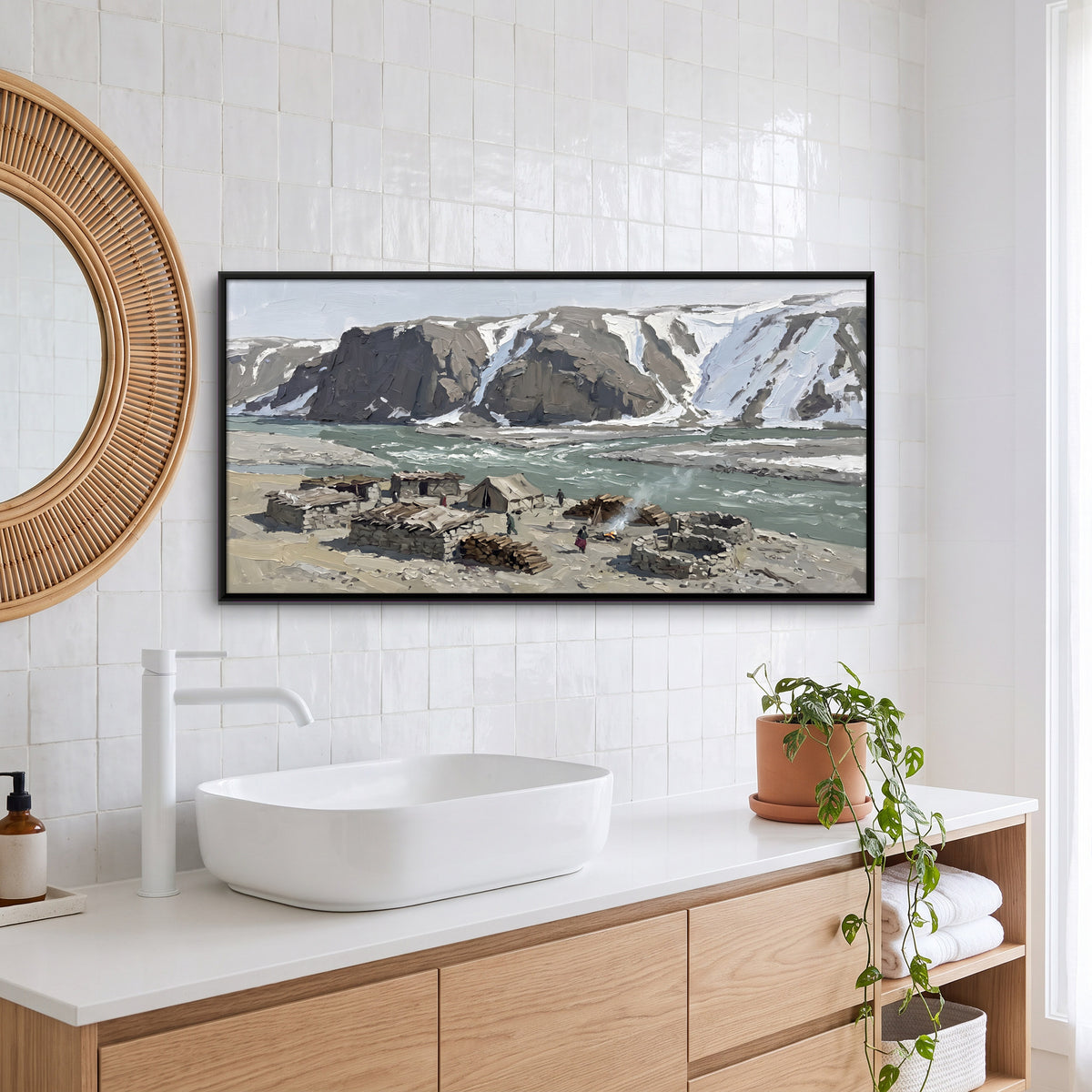 Stone Huts by a Glacial River - canvas art shown in a styled room