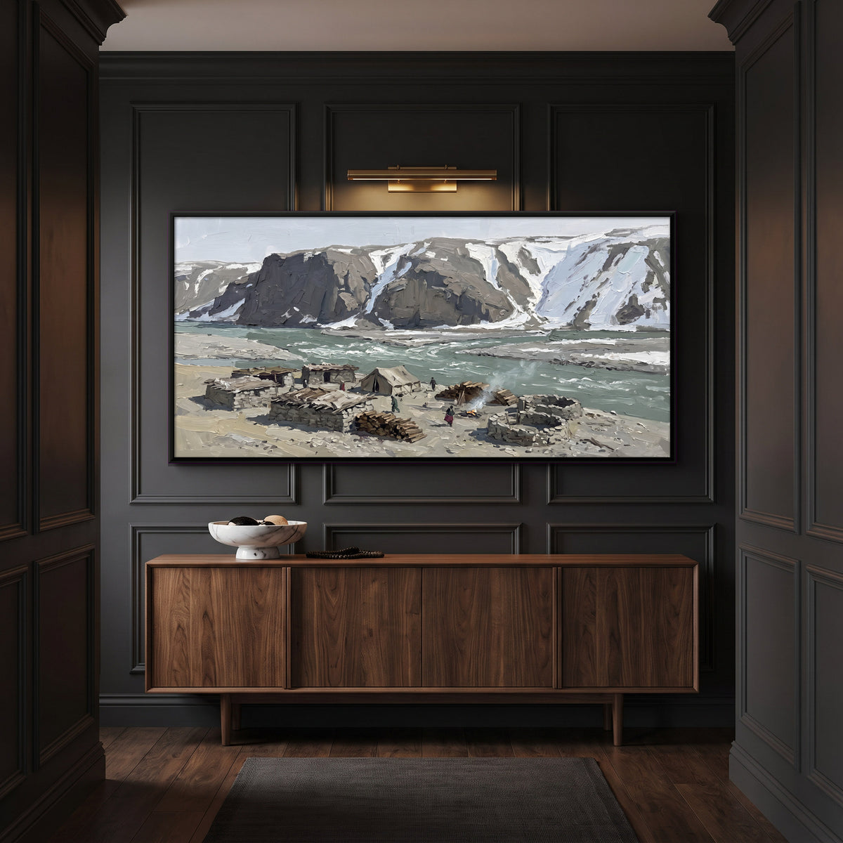 Stone Huts by a Glacial River - canvas art shown in a second room setting