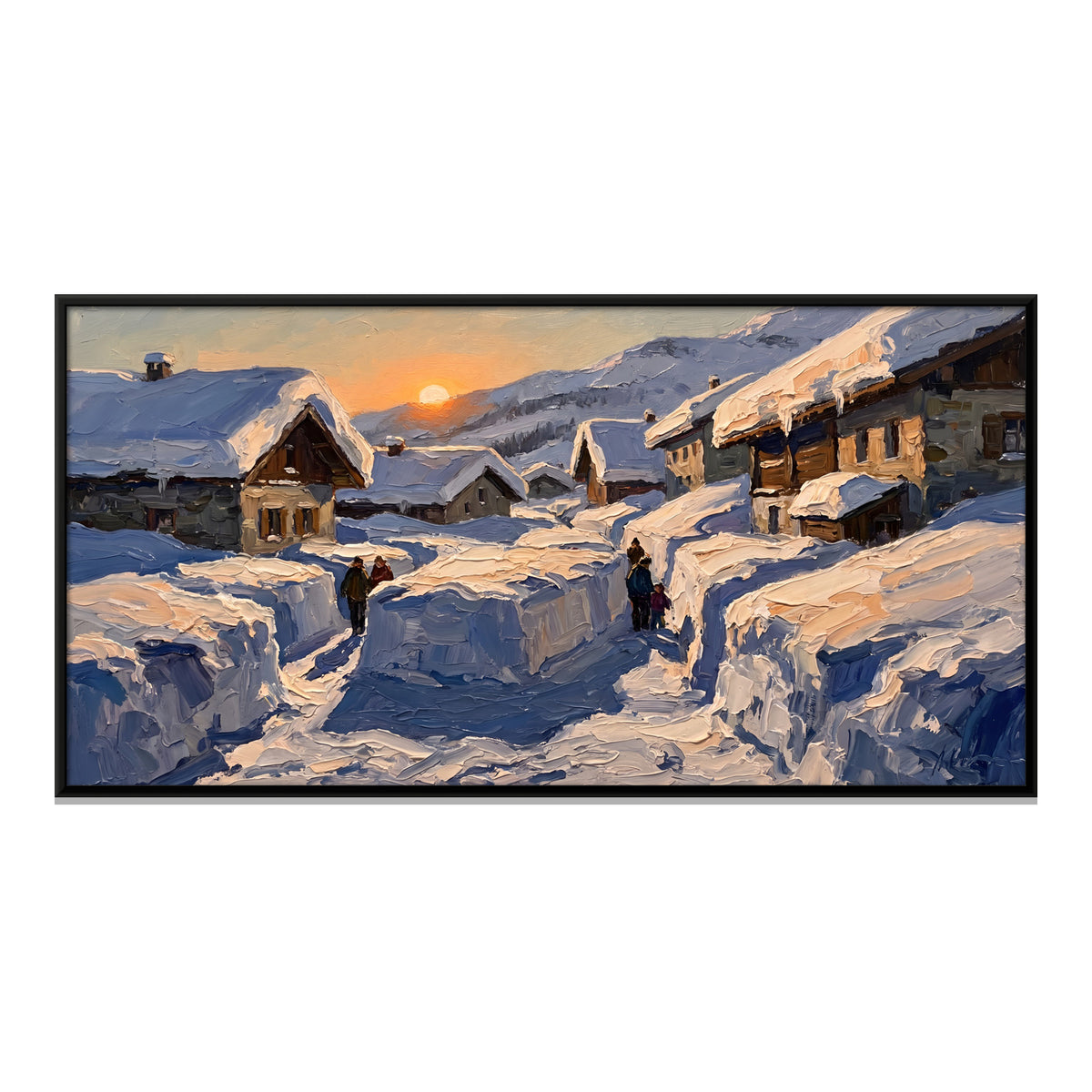 Snowbound Village at Sunrise - framed canvas print, front view