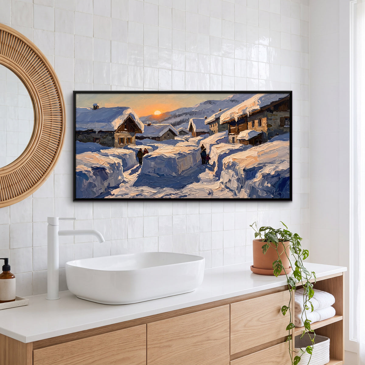 Snowbound Village at Sunrise - canvas art shown in a styled room