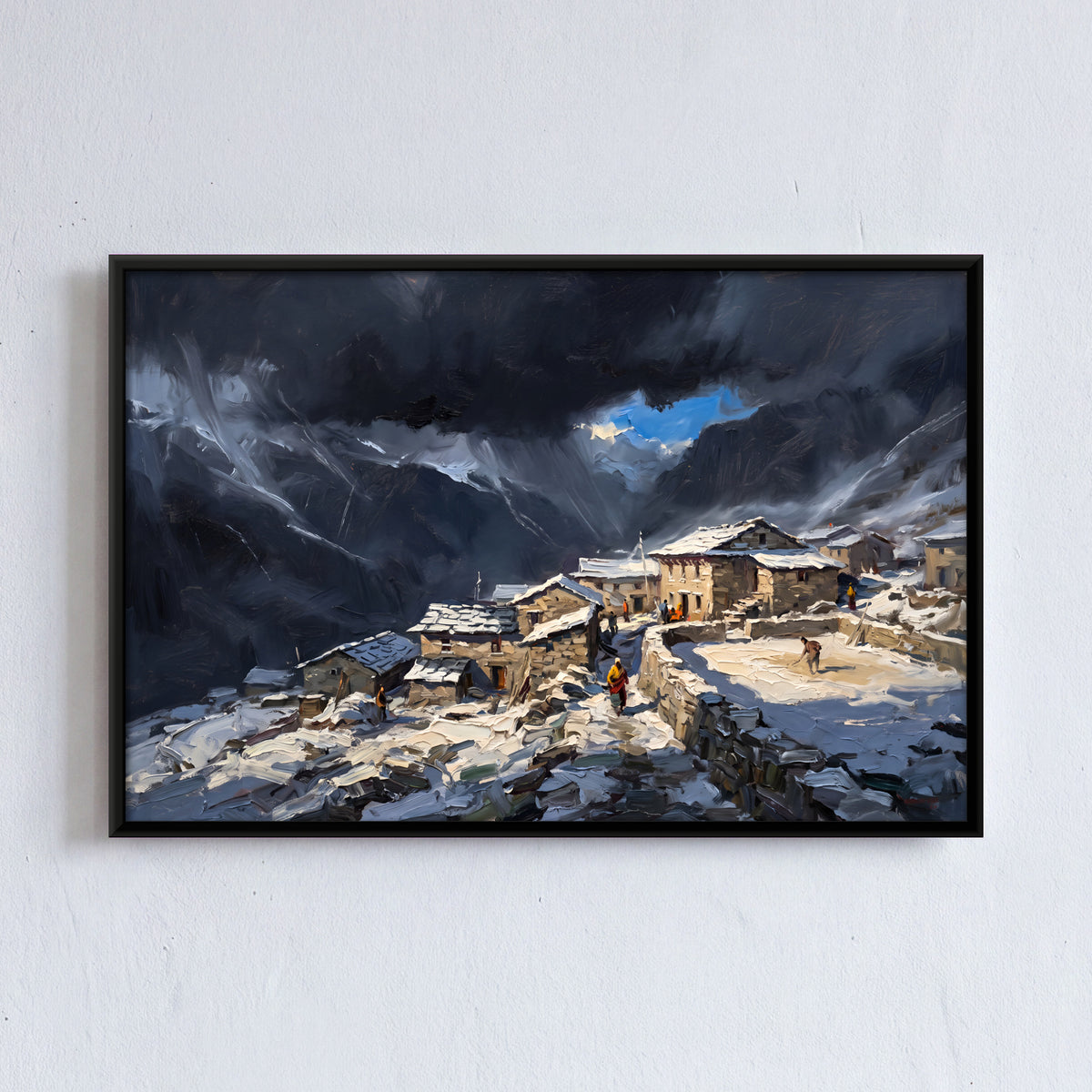 Snowbound Himalayan Village - framed canvas art hung on a wall