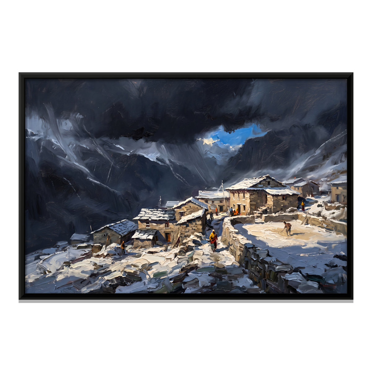Snowbound Himalayan Village - framed canvas print, front view