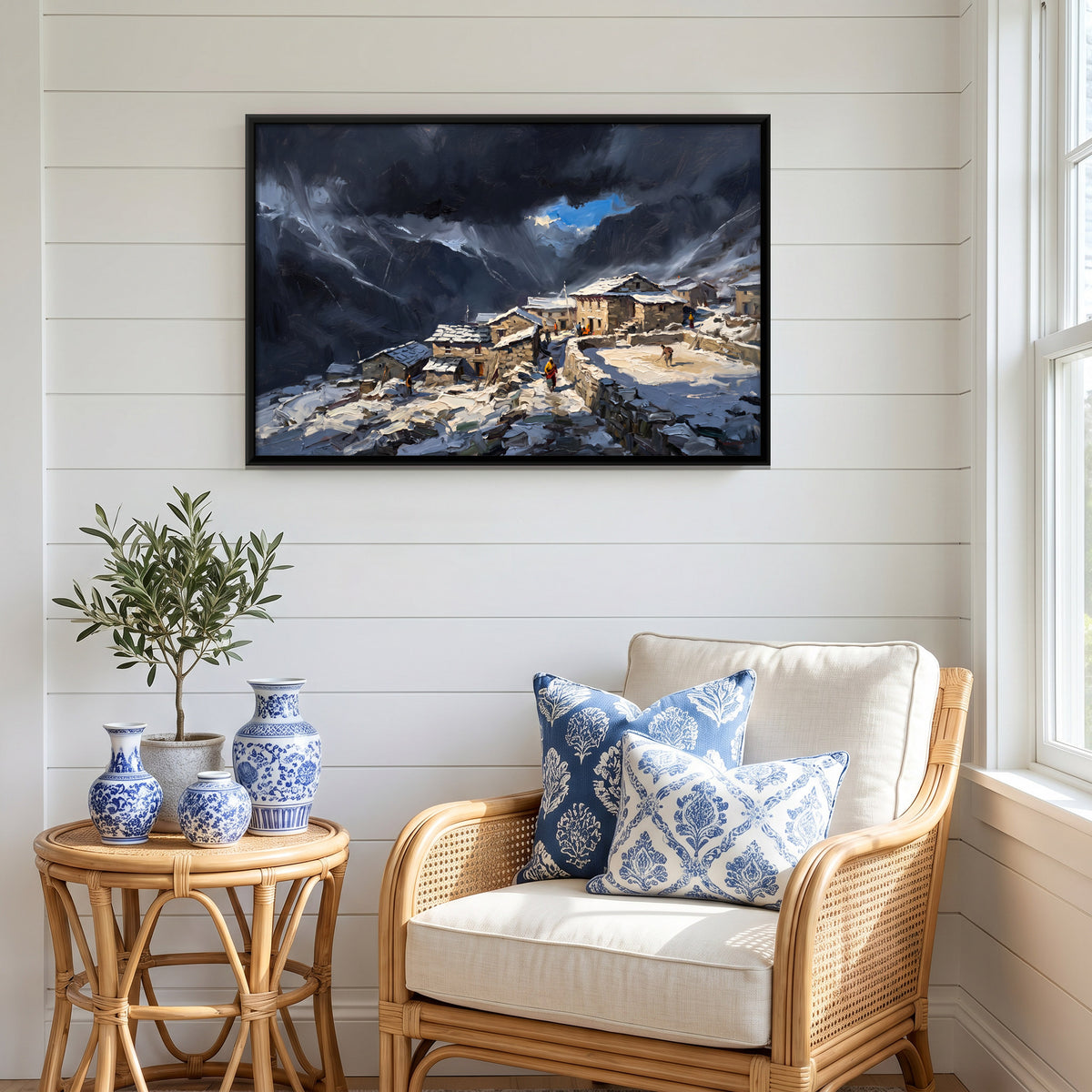 Snowbound Himalayan Village - canvas art shown in a styled room