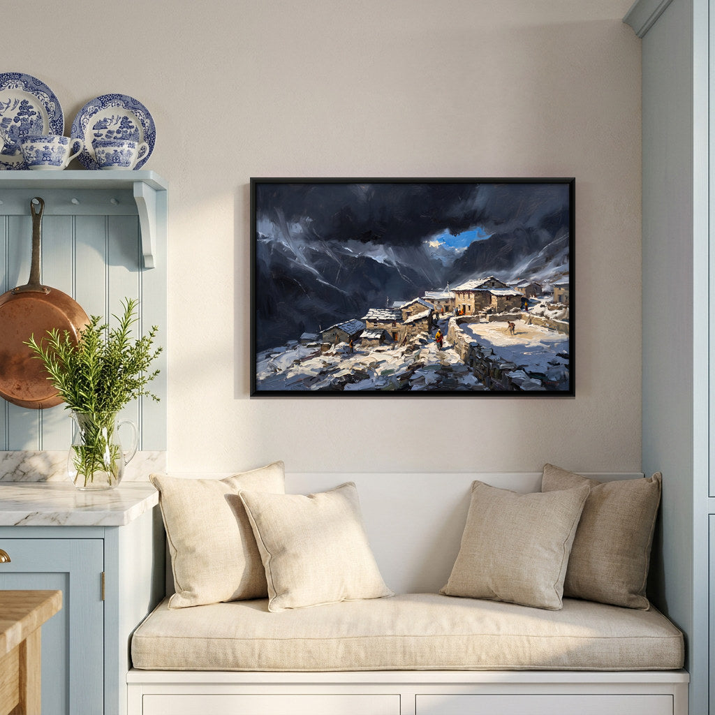 Snowbound Himalayan Village - canvas art shown in a second room setting