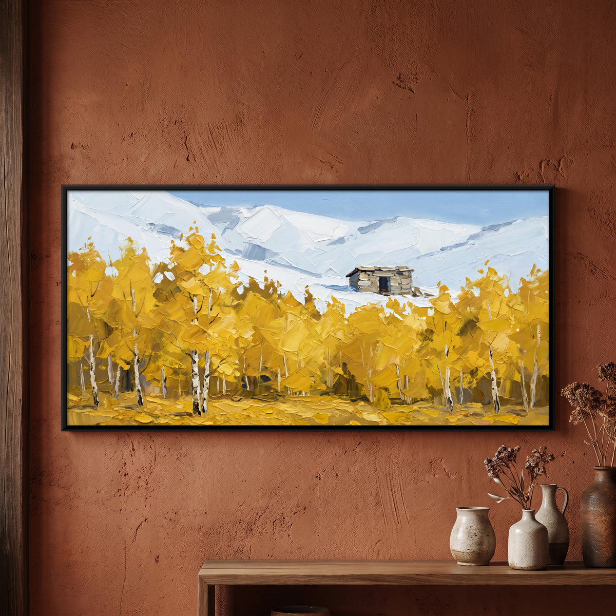 Mountain Hut Above Golden Birches - framed canvas art hung on a wall