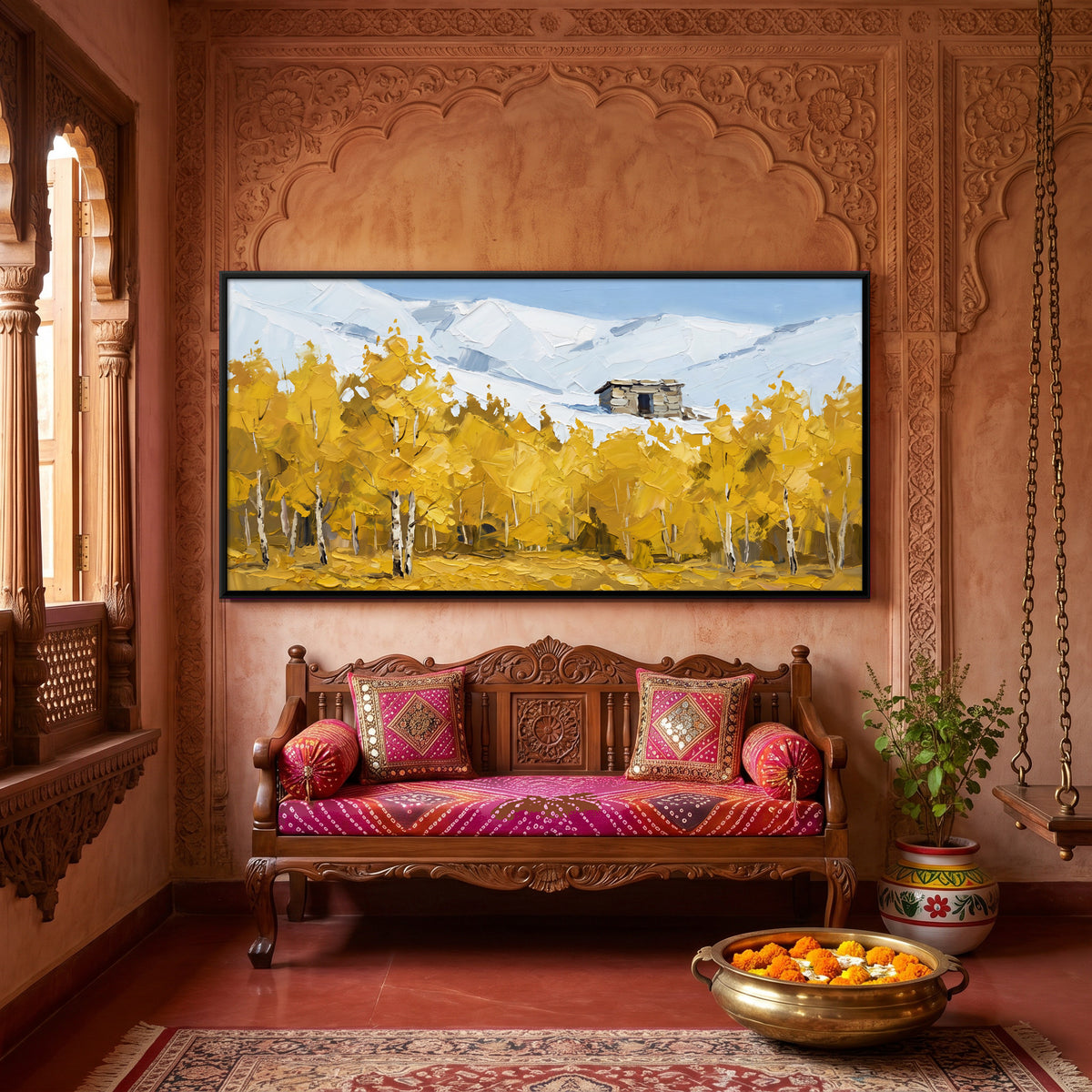 Mountain Hut Above Golden Birches - canvas art shown in a styled room