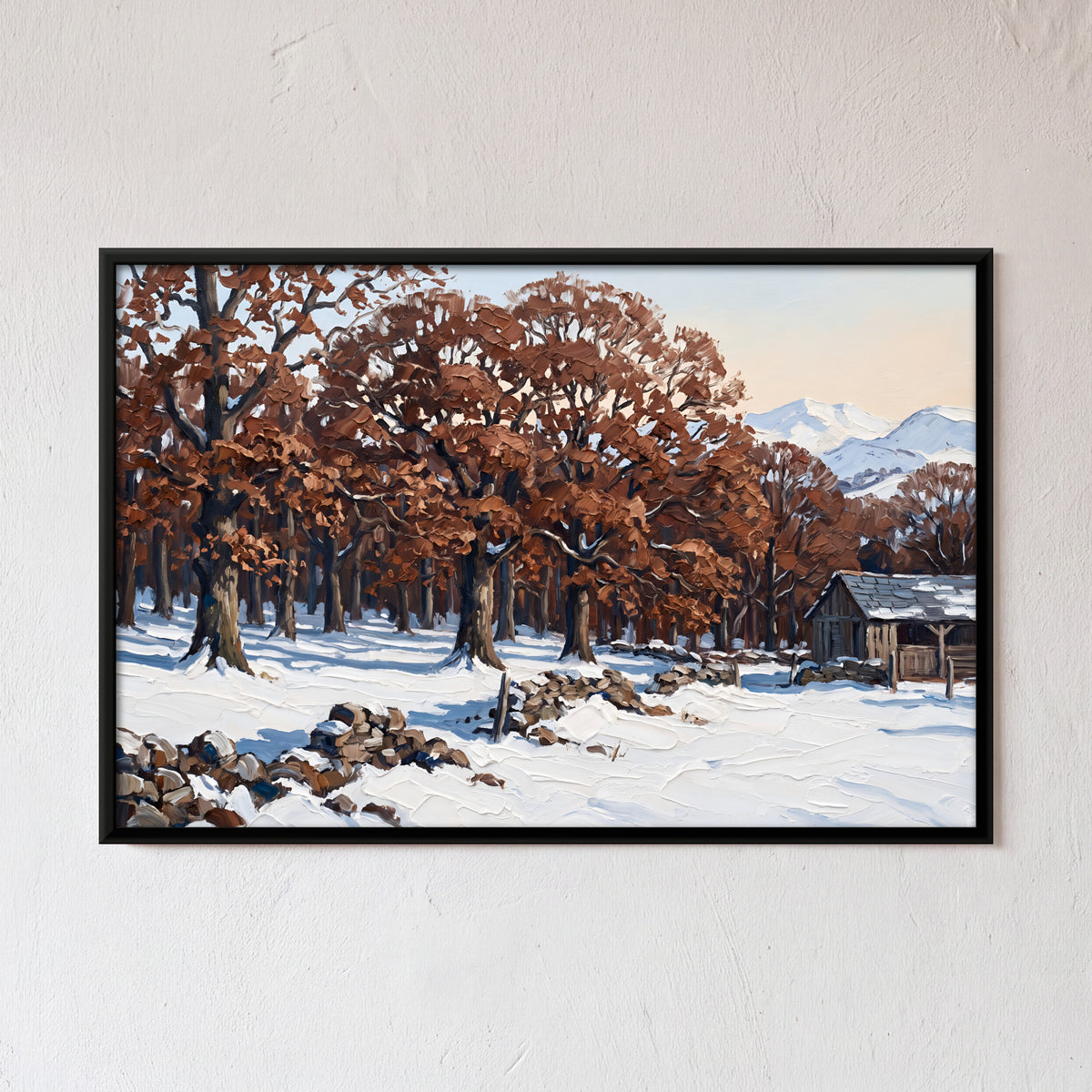 Oak Grove in Deep Snow - framed canvas art hung on a wall
