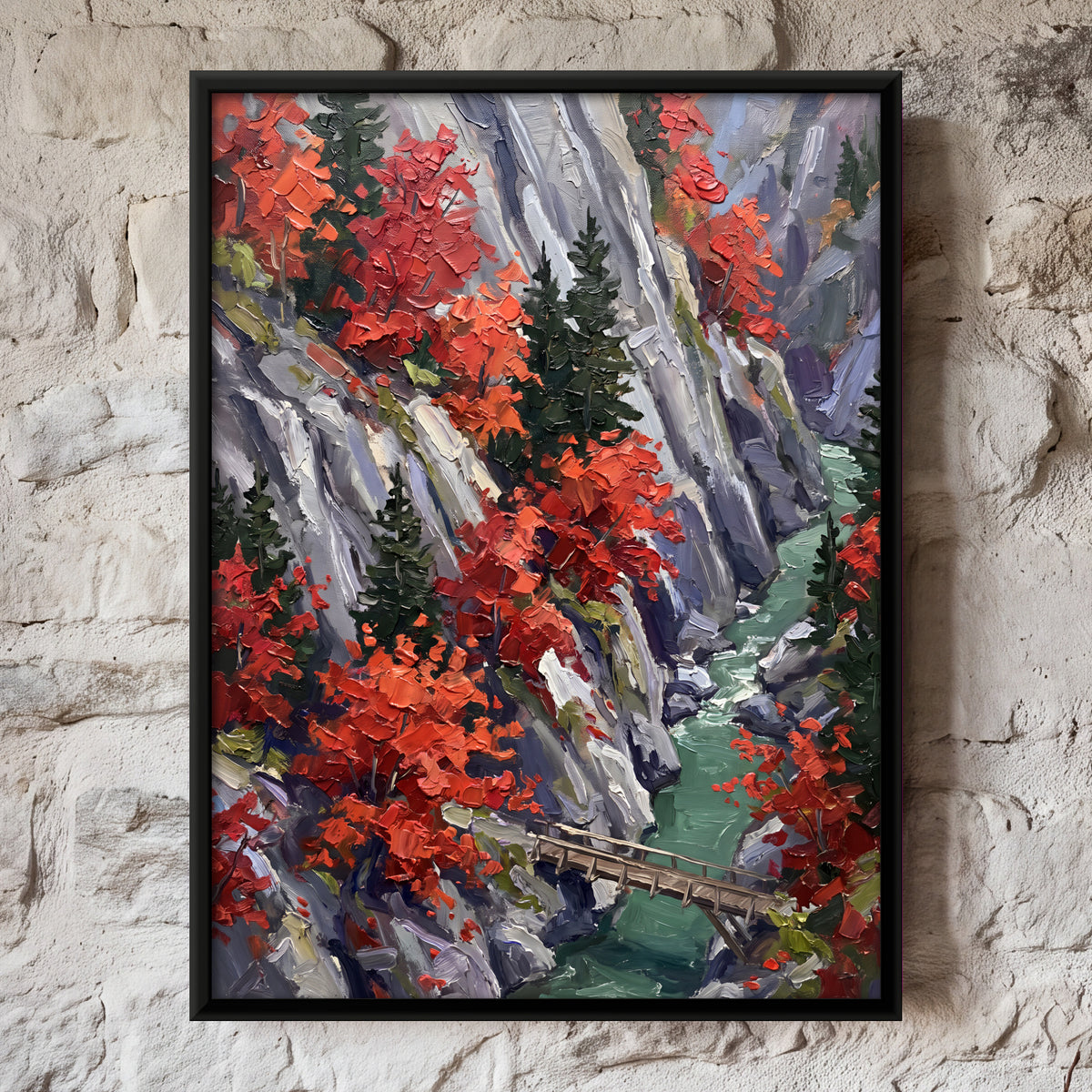 Red Trees in a Rocky Gorge - framed canvas art hung on a wall