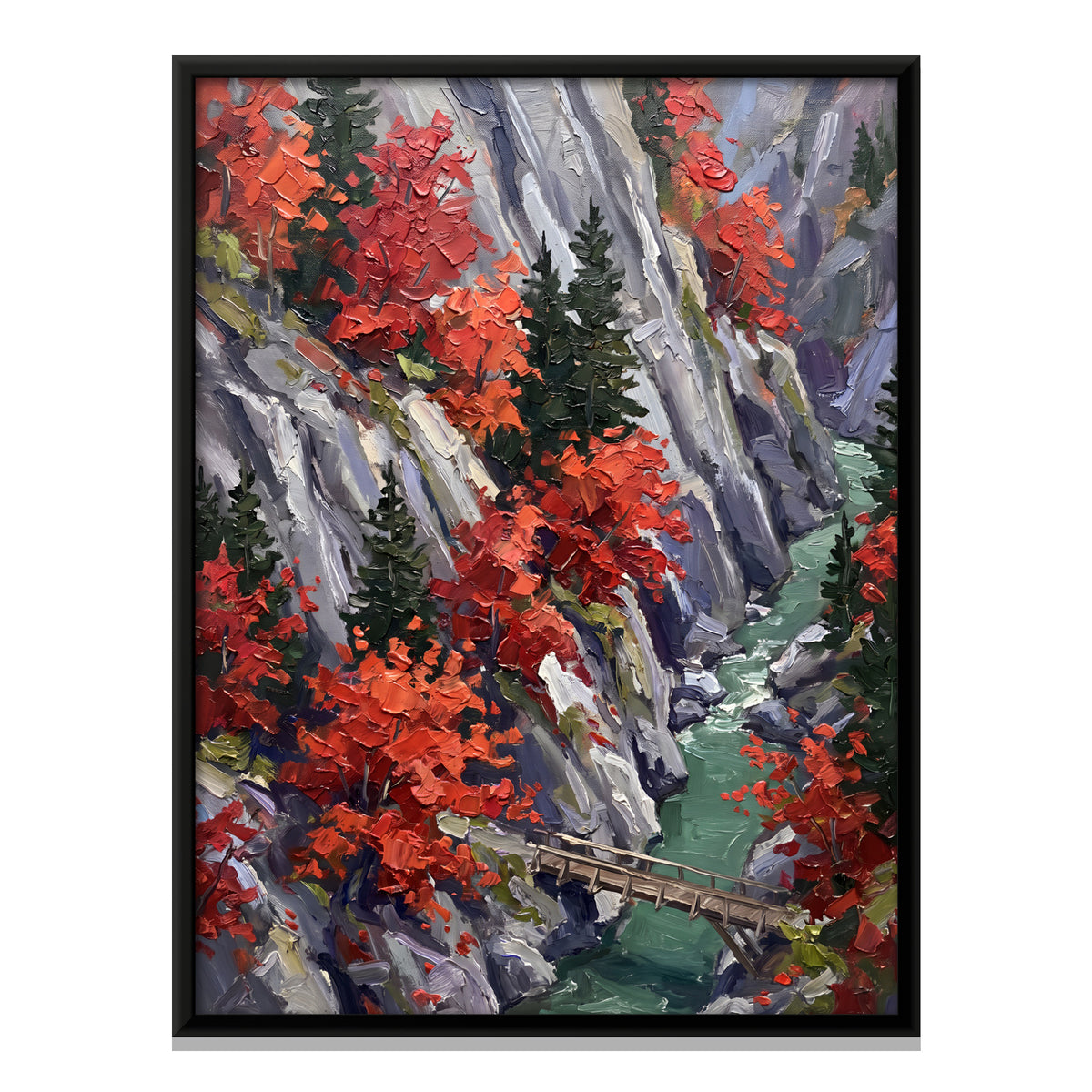 Red Trees in a Rocky Gorge - framed canvas print, front view