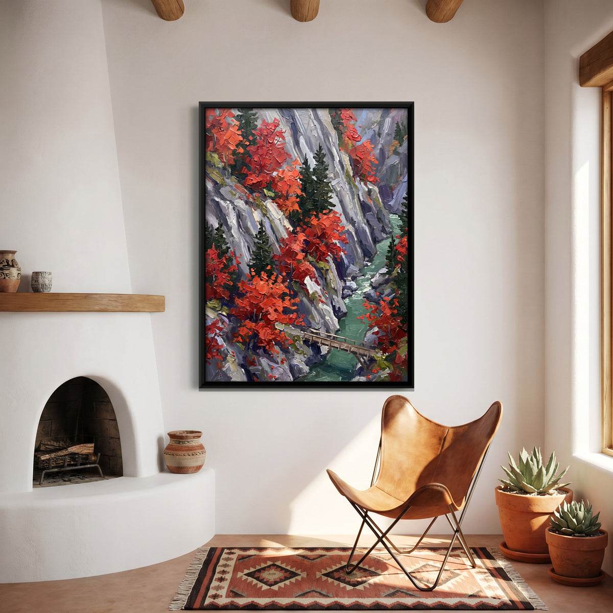 Red Trees in a Rocky Gorge - canvas art shown in a styled room