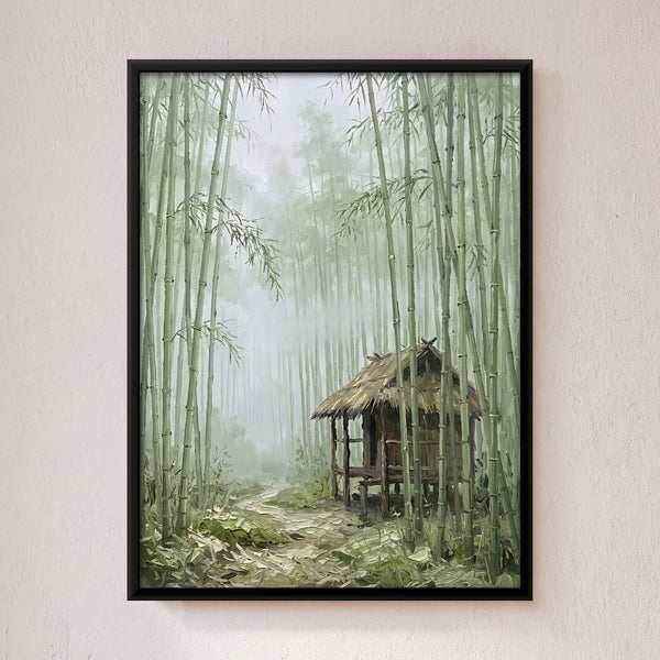 Thatched Hut in a Misty Bamboo Forest