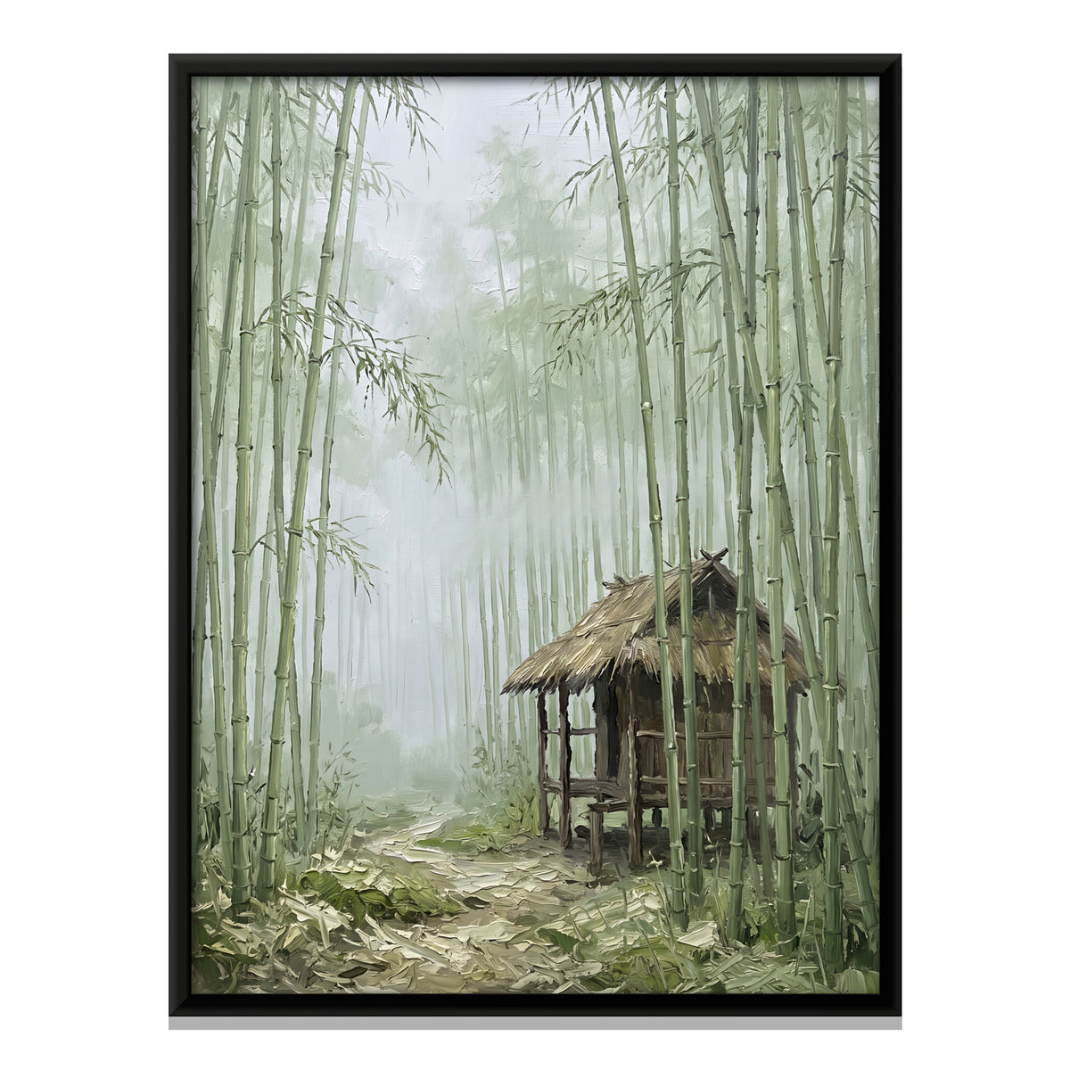 Hut in a Misty Bamboo Grove - framed canvas print, front view