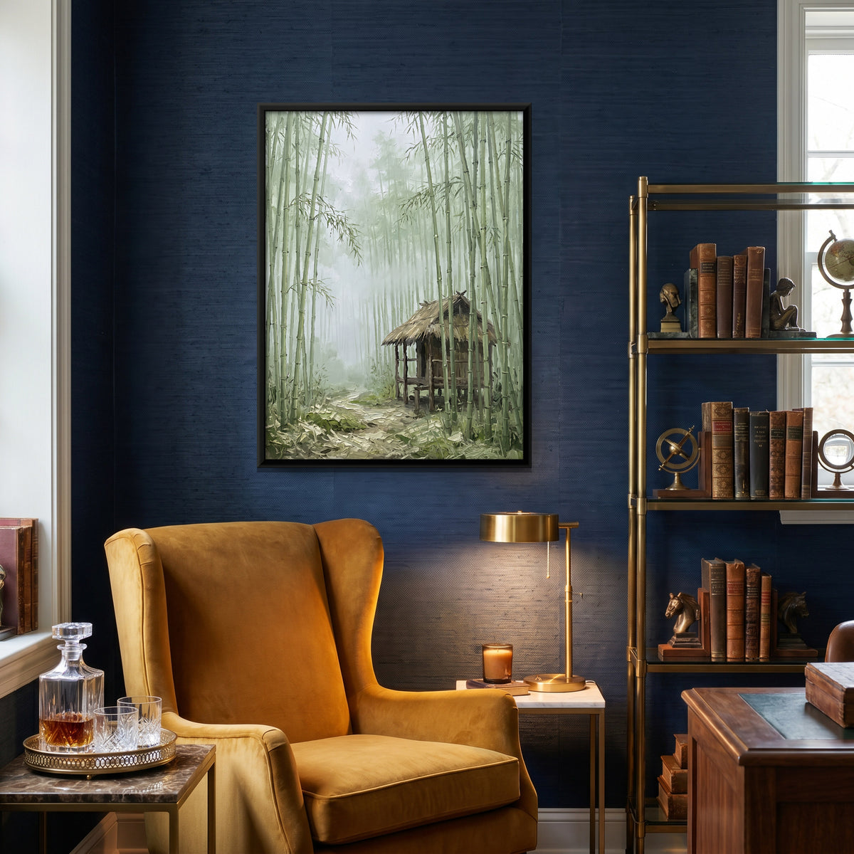 Hut in a Misty Bamboo Grove - canvas art shown in a second room setting