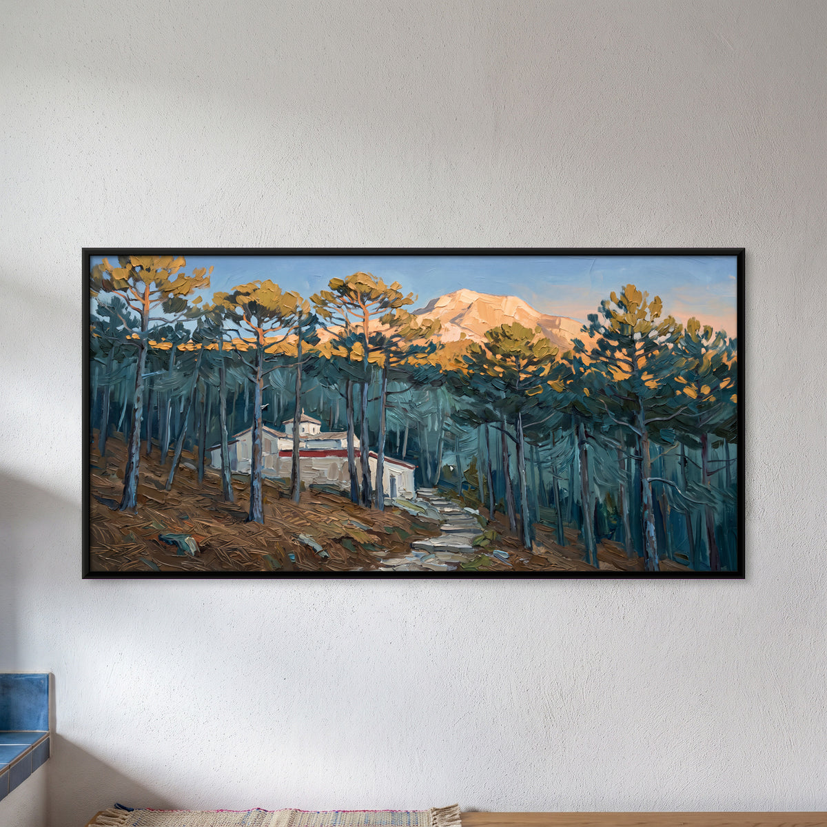White Shrine Among Mountain Pines - framed canvas art hung on a wall