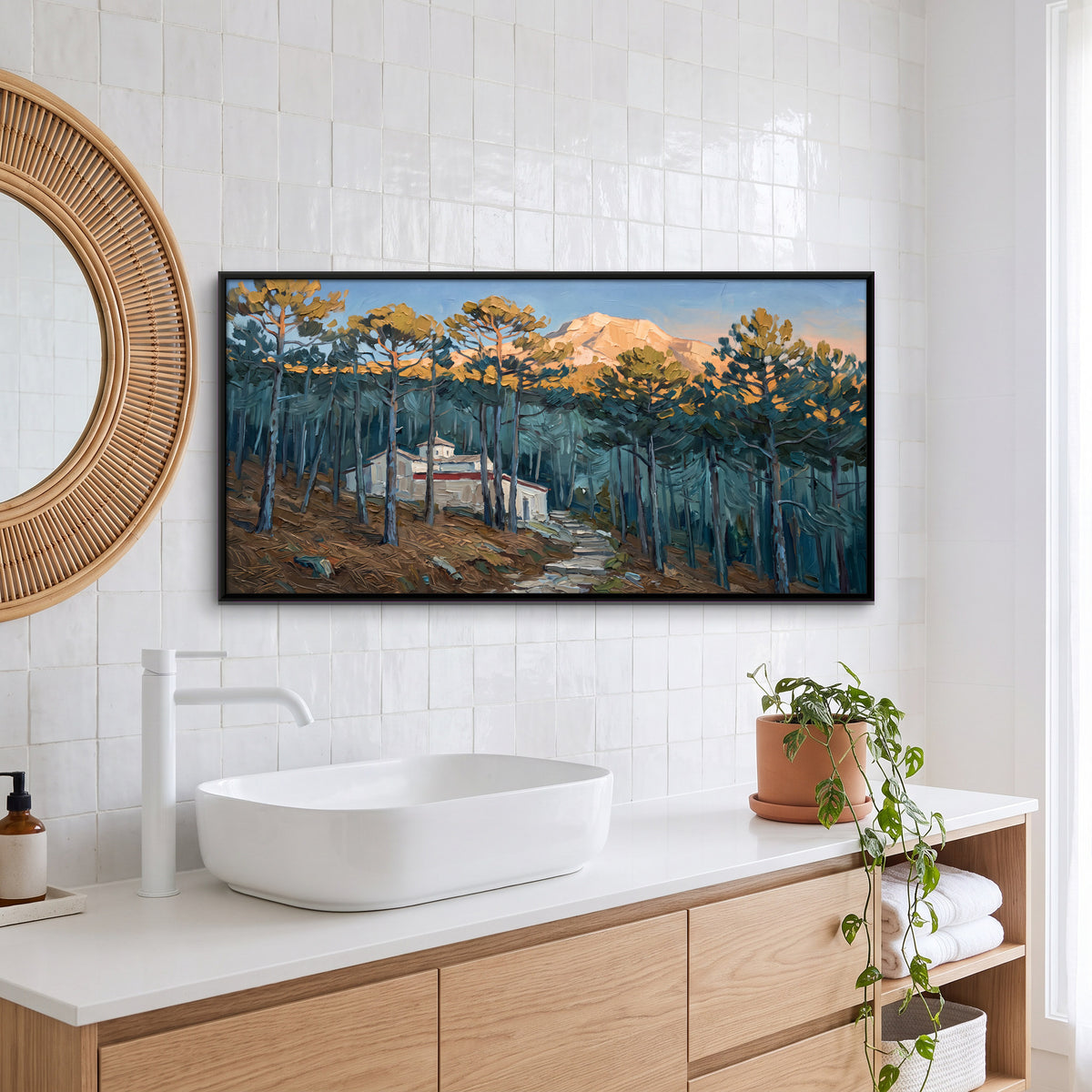 White Shrine Among Mountain Pines - canvas art shown in a second room setting