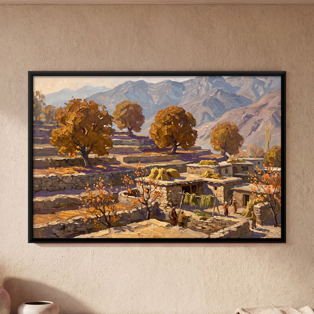 Mountain Village in Autumn - framed canvas art hung on a wall