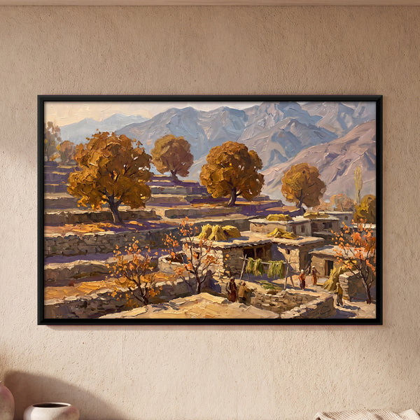 Terraced Mountain Village with Autumn Trees