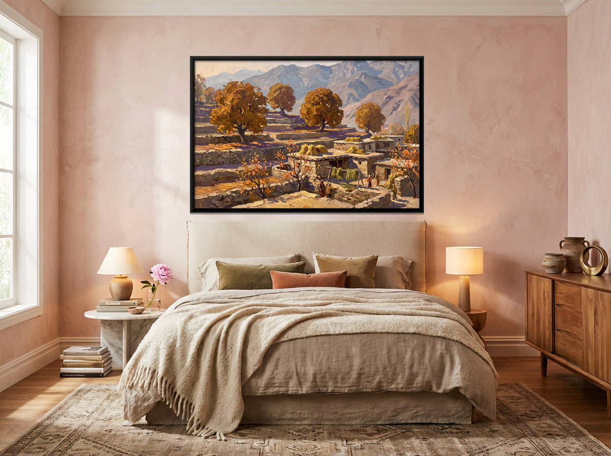 Mountain Village in Autumn - canvas art shown in a styled room