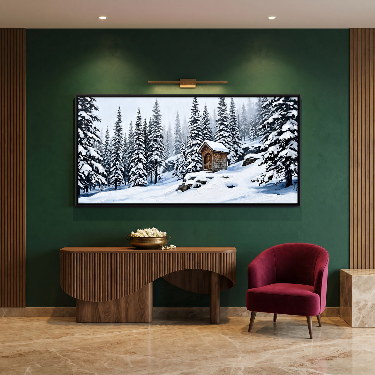 Wooden Shrine in the Snow - canvas art shown in a styled room