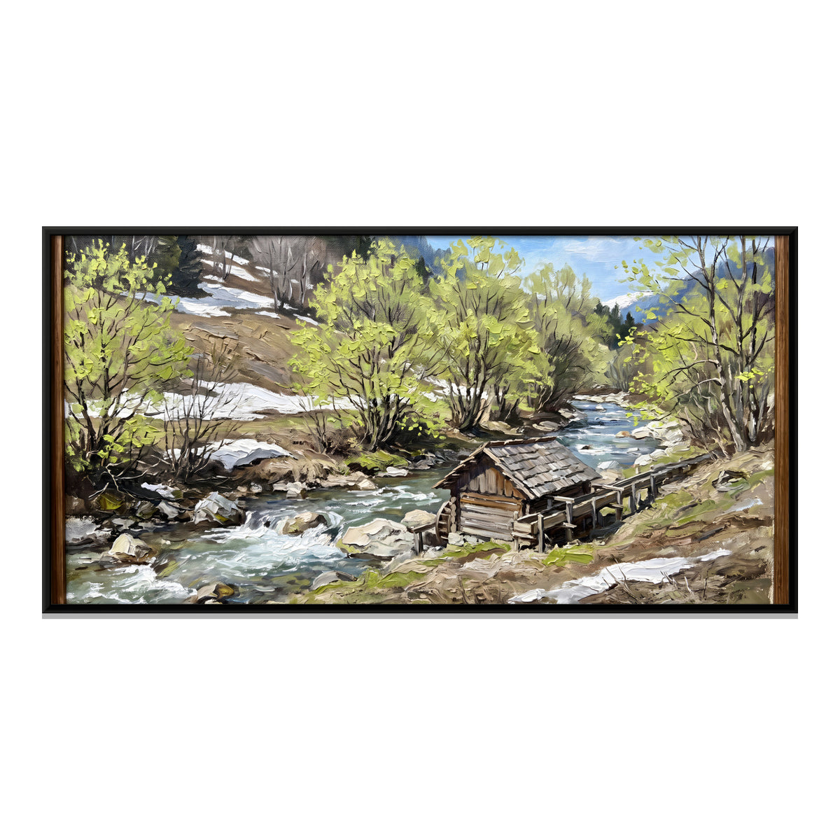 Mountain Stream and Wooden Hut - framed canvas print, front view