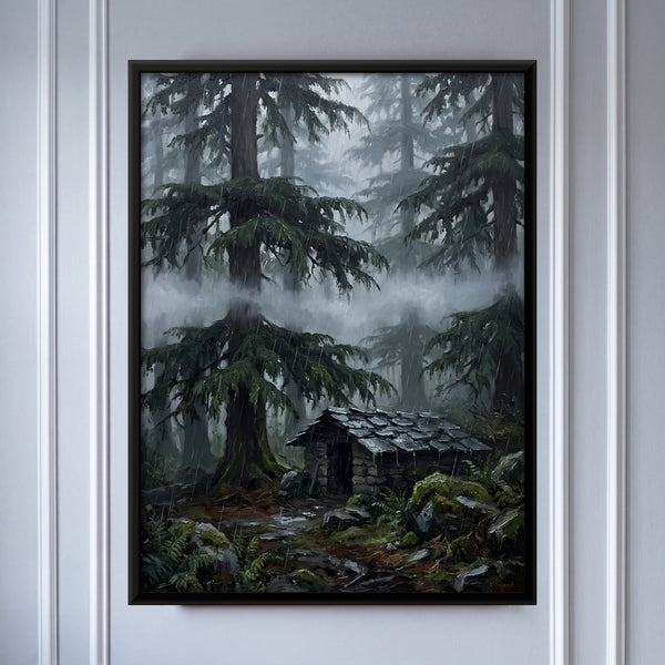 Misty Conifer Forest with a Stone Hut