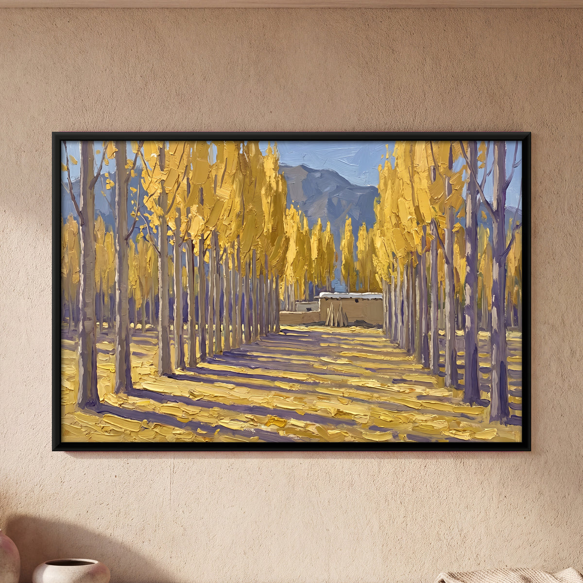 Avenue of Golden Poplars - framed canvas art hung on a wall