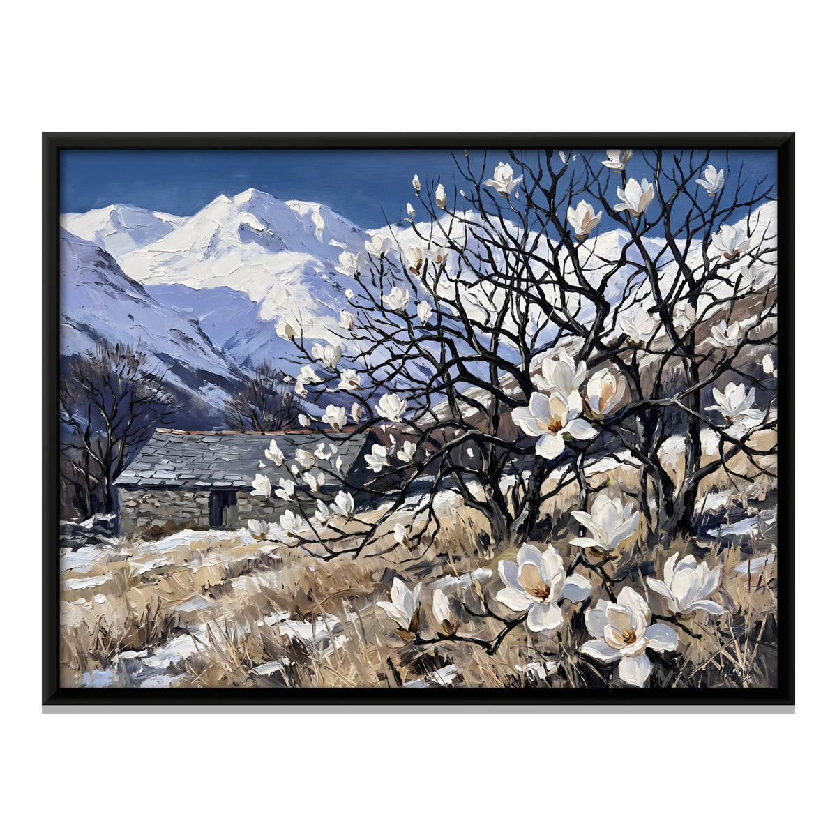 Magnolia Blossom and Snow Peaks - framed canvas print, front view