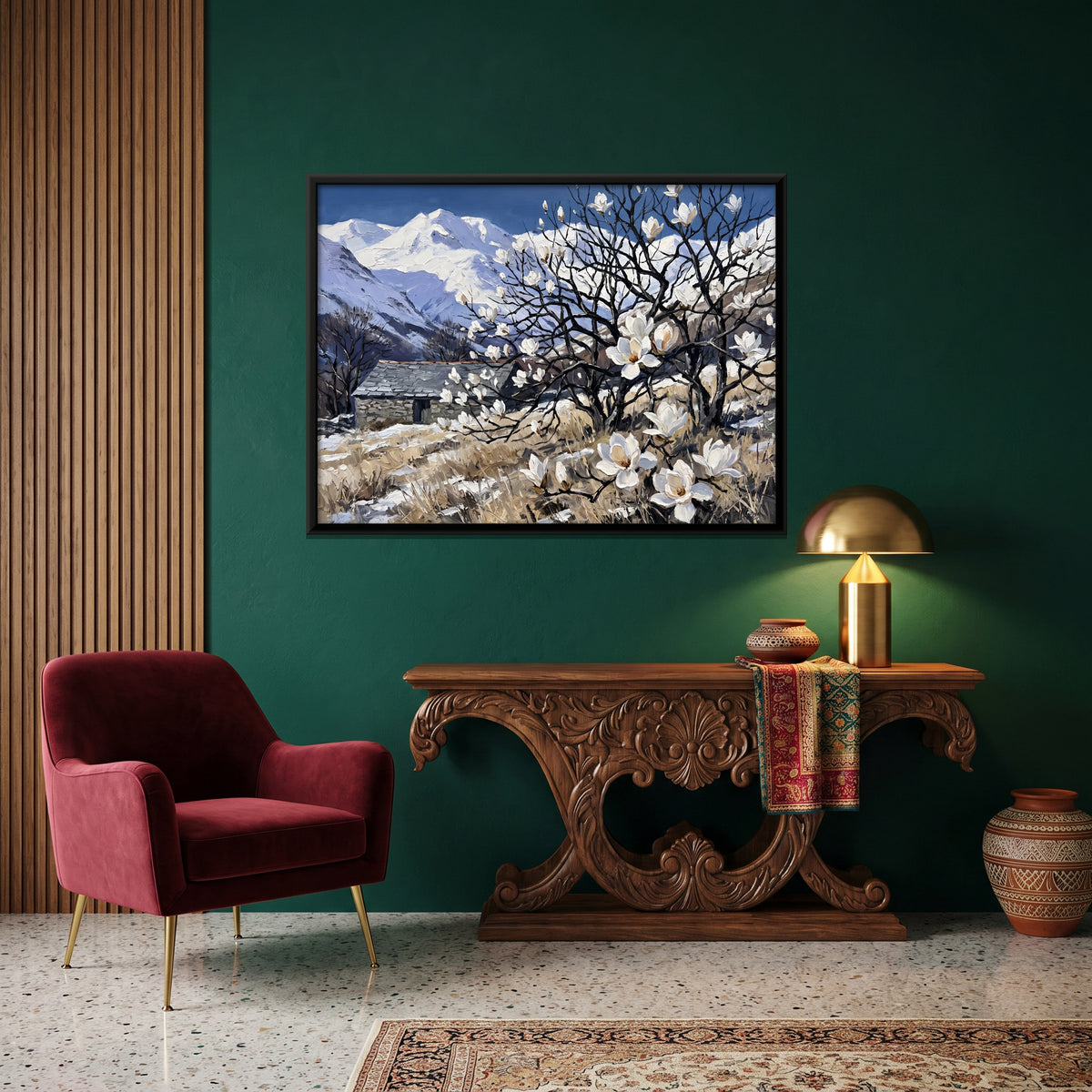 Magnolia Blossom and Snow Peaks - canvas art shown in a styled room