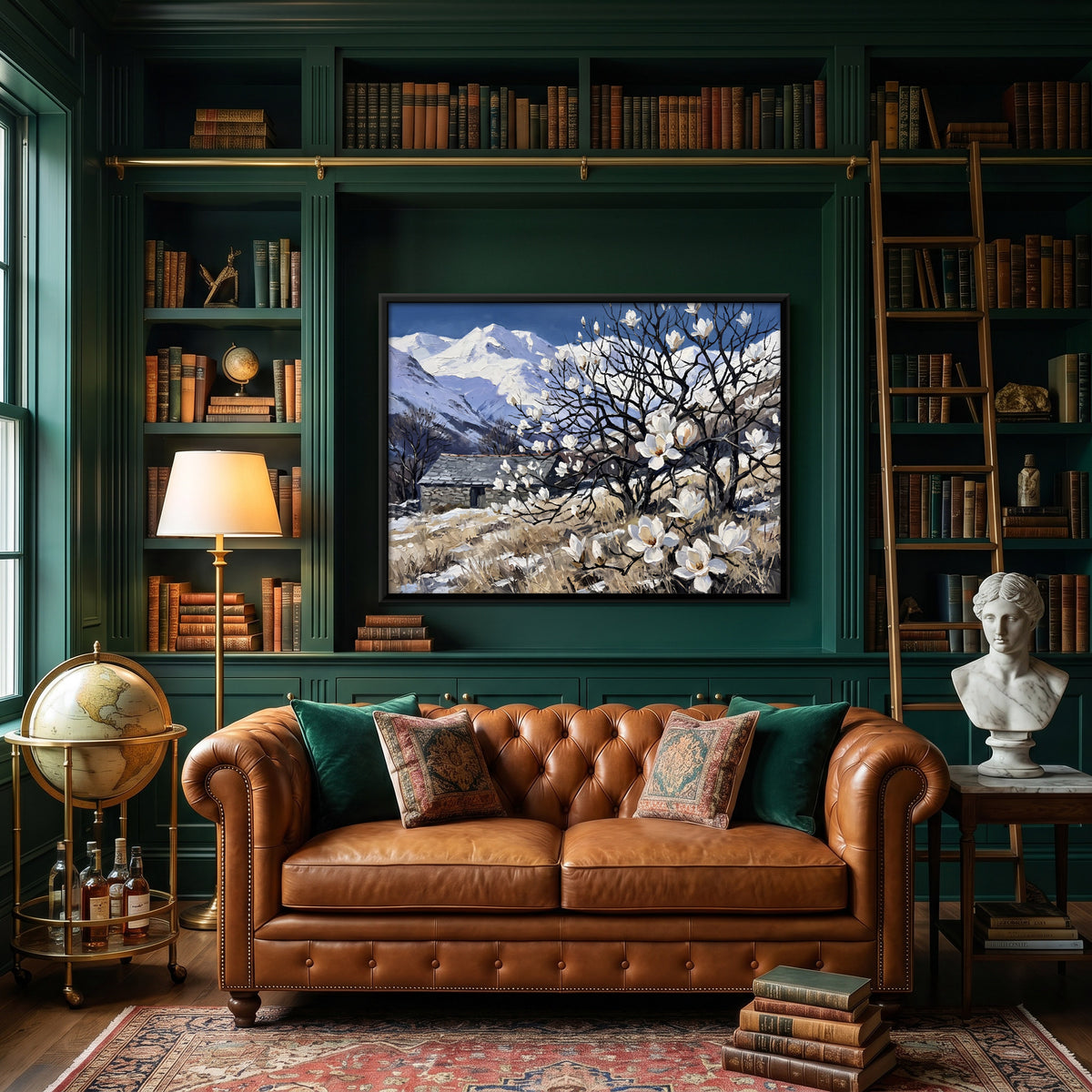 Magnolia Blossom and Snow Peaks - canvas art shown in a second room setting